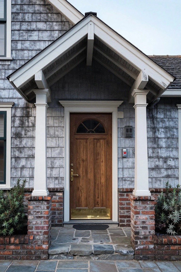 Gray shingled house facade featuring a white gabled portico with fluted columns on red brick bases framing a dark wooden door with glass panel, flanked by landscaping and stone steps.