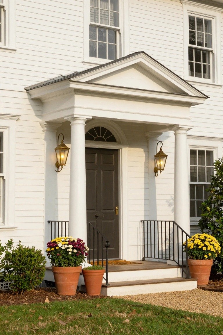 White colonial house exterior with pedimented portico supported by two fluted columns, dark paneled door, brass lantern lights, black metal railing on steps, and terracotta pots of yellow and multicolored chrysanthemums on either side.