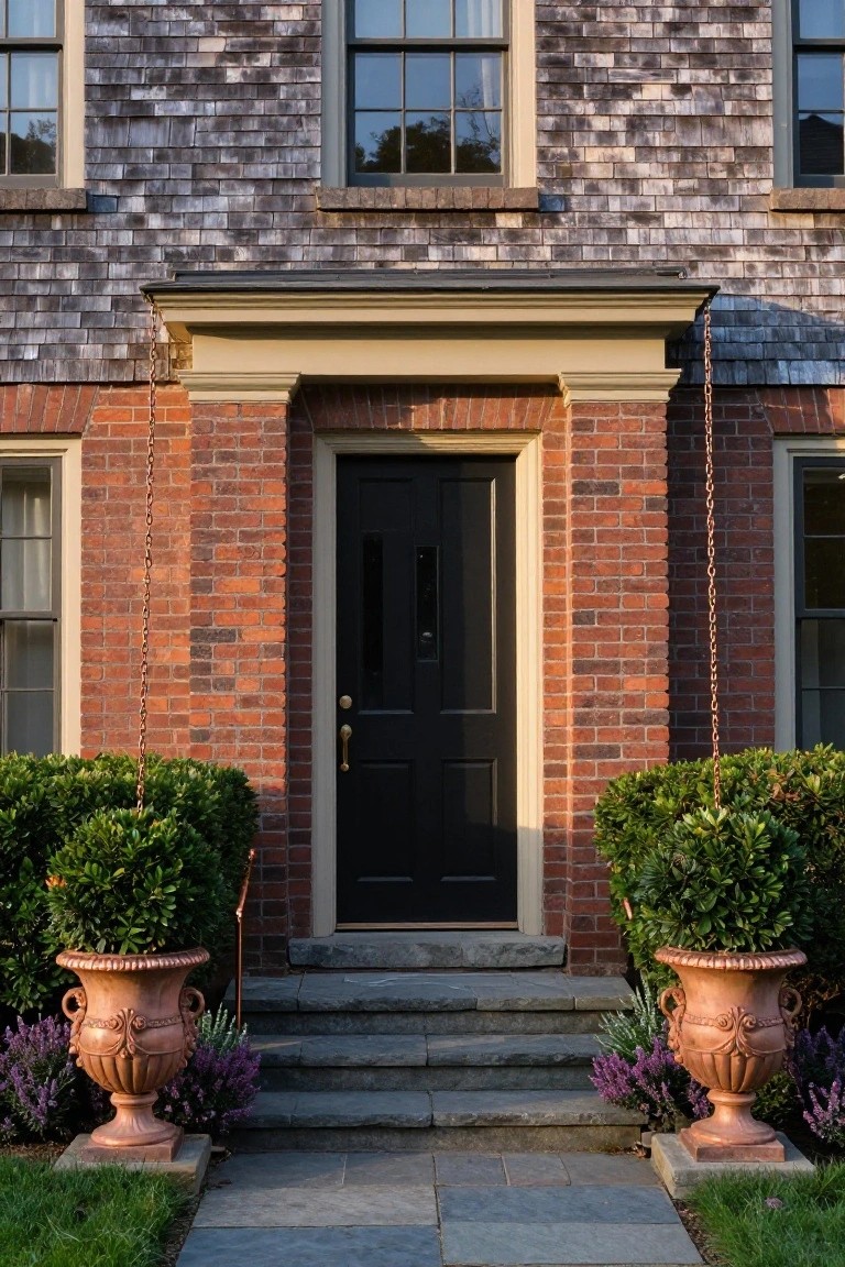 Colonial house facade with shingle siding over brick base, featuring a black front door under a simple portico, flanked by two large terracotta urns planted with round boxwood topiaries on stone steps, and copper chain downspouts.