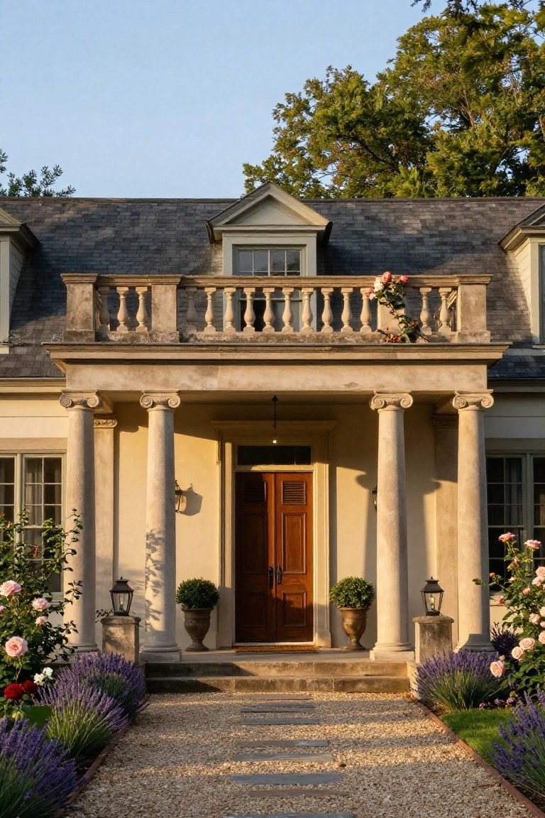 Beige stucco colonial house exterior with slate roof, centered portico supported by four tall fluted columns, wooden front door, lanterns, topiaries, upper balcony with roses, and gravel pathway lined with roses and lavender.