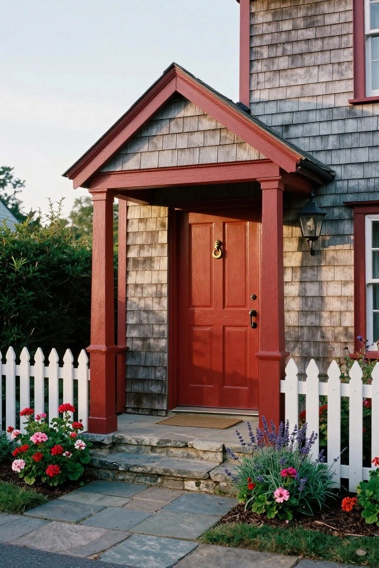 Gray cedar shingle house with gabled red-trimmed portico, red double front door, brass knocker, lantern light, white picket fence, and flower beds beside stone entry steps.