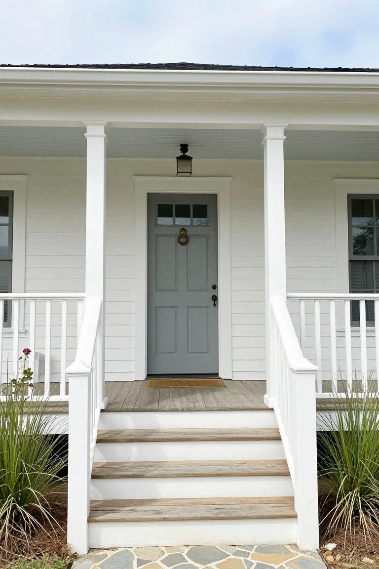 White clapboard house exterior featuring a centered gray paneled door with glass panels and brass knocker under a portico supported by two tall white columns, white railings, wooden porch steps, and low plants on both sides.