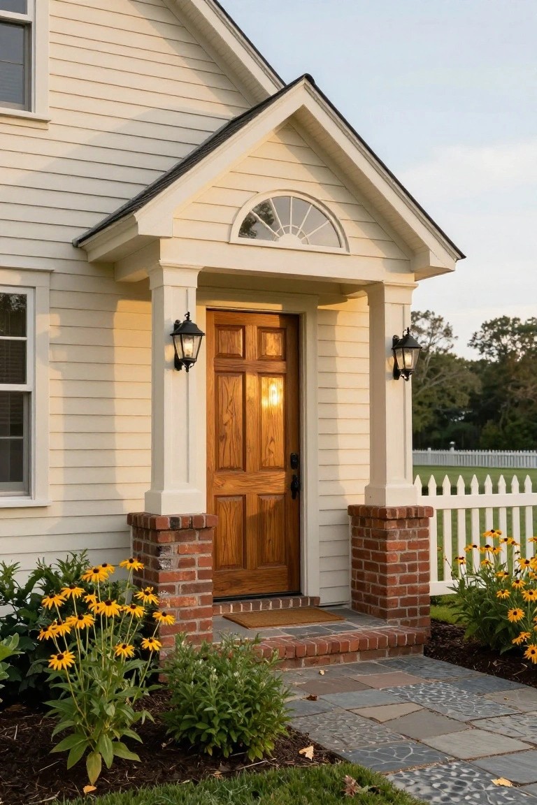 Beige clapboard house entrance with gabled portico supported by white columns on brick pillars, paneled wooden door, black lanterns, yellow flowers, and stone pathway.