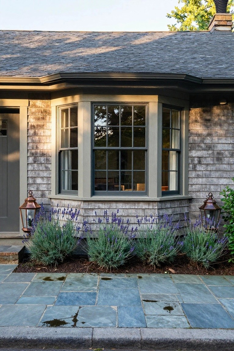 Shingled house exterior with a three-sided bay window featuring divided-light panes, flanked by lavender plants and copper lanterns on a bluestone paver walkway.