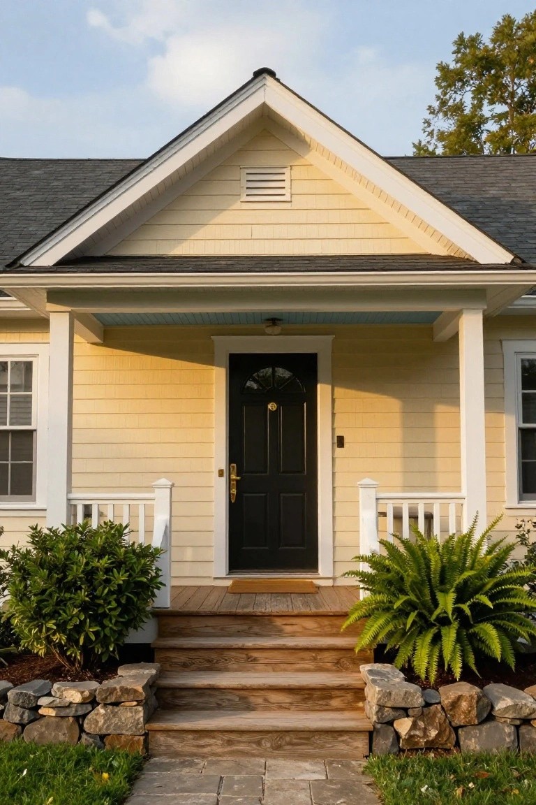 Butter-yellow clapboard house with gabled front porch, centered black door with brass knocker and handle, white columns, wooden steps, and plants in stone-edged beds.
