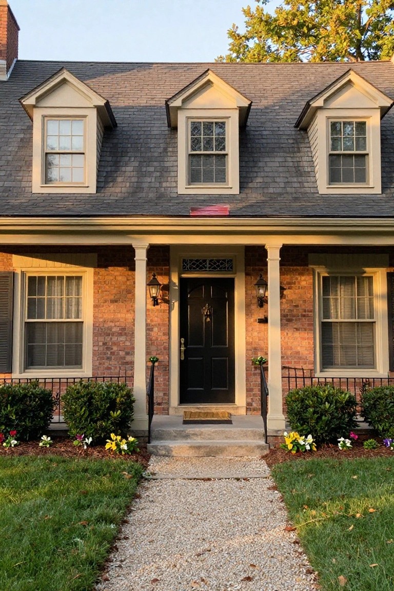Two-story brick colonial house with gabled dormers, dark gray roof, white trim, centered black front door on a porch supported by columns, flanked by lanterns and shrubs, with a gravel path leading through grass.