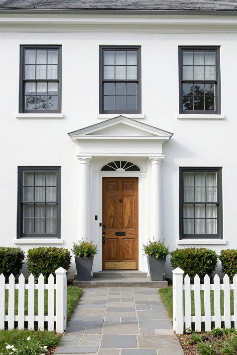 White two-story colonial house with symmetrical black-framed multi-pane windows, central pedimented portico with wooden door and columns, boxwood shrubs in pots, white picket fence, and slate stone pathway.
