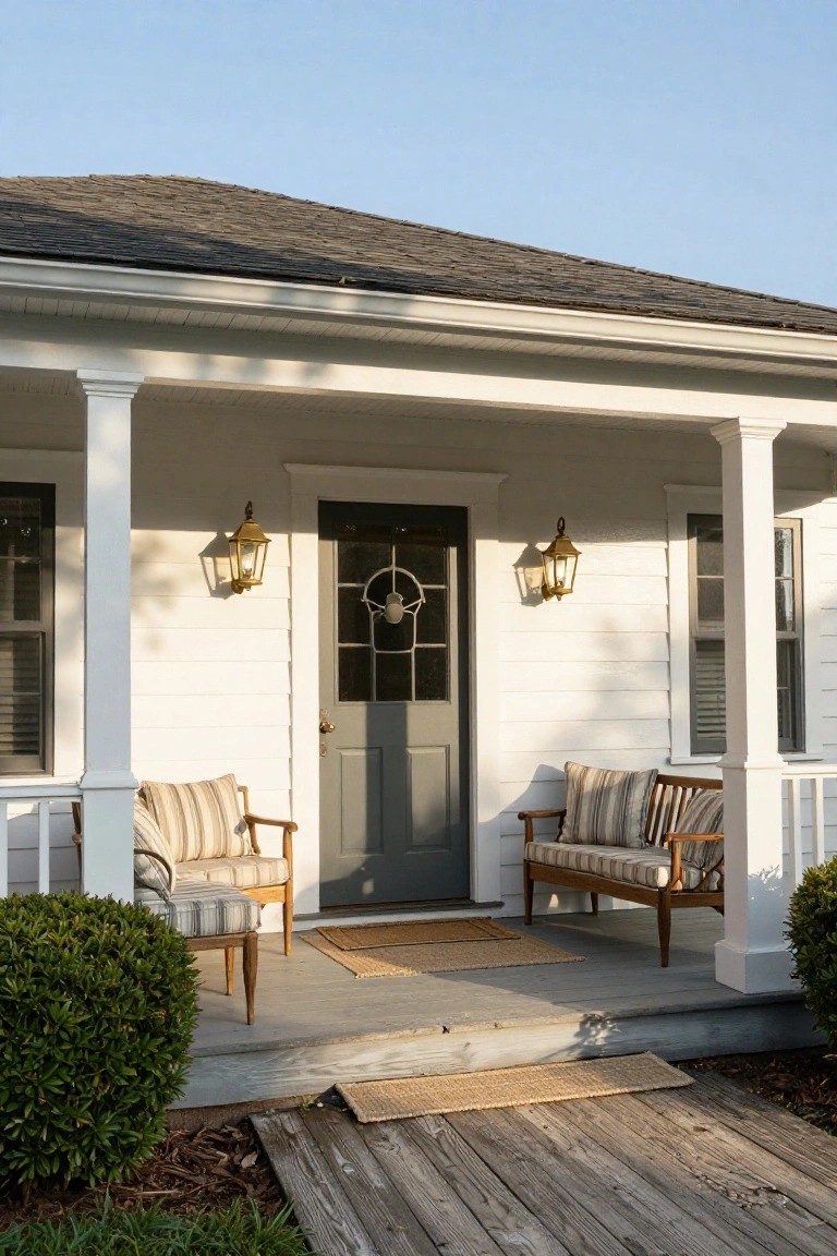 White colonial-style house exterior with covered front porch supported by white columns, flanked by brass lanterns, gray front door with glass panel, wicker chairs and bench with striped cushions on the porch, boxwood shrubs, and weathered wooden path leading up.