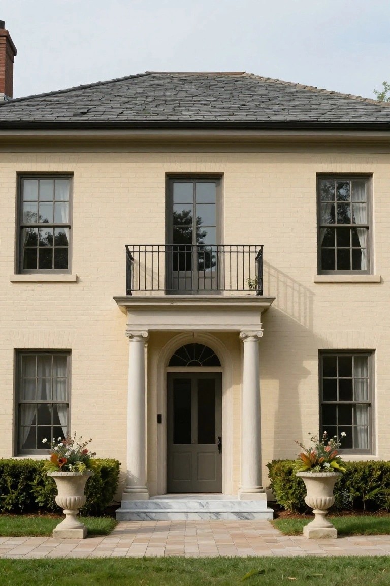 Two-story beige brick colonial house with slate roof, dark window frames, second-floor iron balcony over entry, columned portico with arched dark door, flanked by stone urn planters on marble steps and paver path in front lawn.