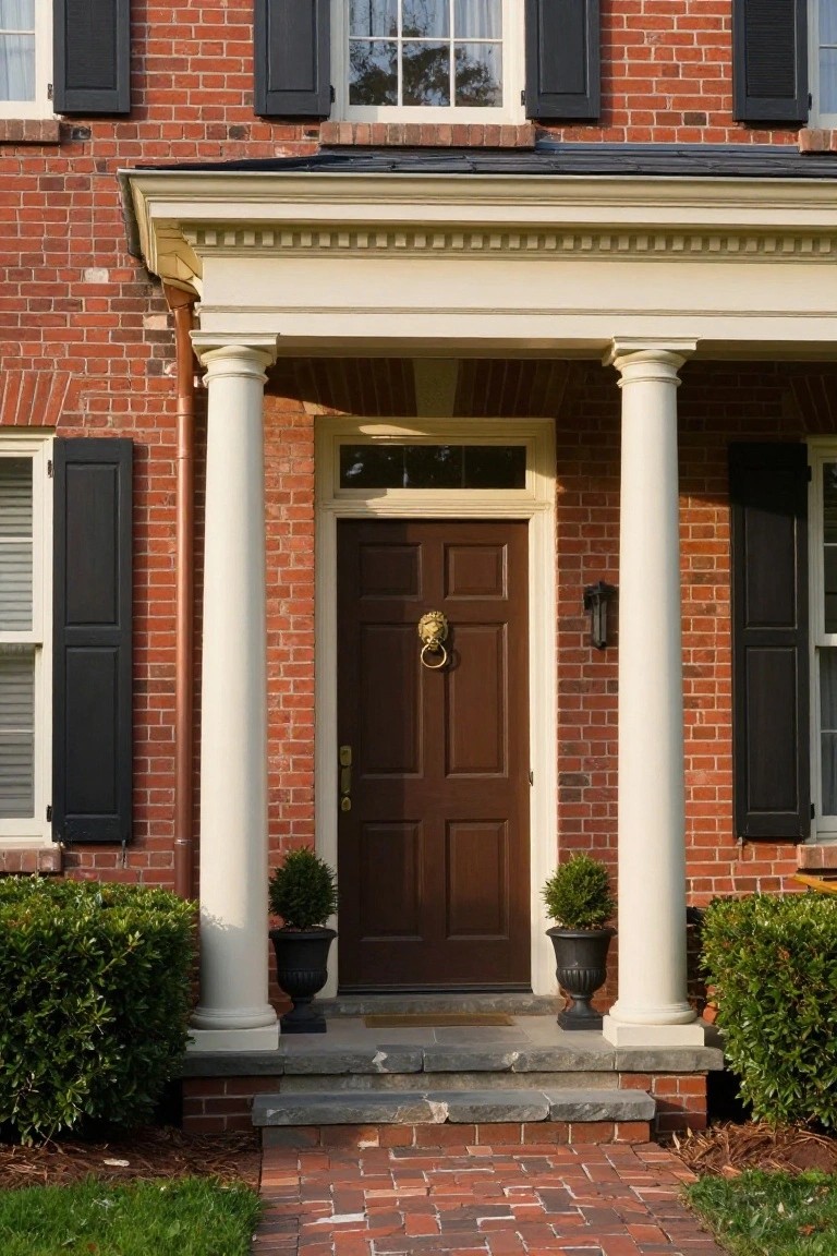 Red brick Colonial house exterior with white portico supported by two fluted columns, dark wood front door with brass lion head knocker, black shutters on side windows, black urn planters with boxwood shrubs on porch, and brick pathway leading to steps.