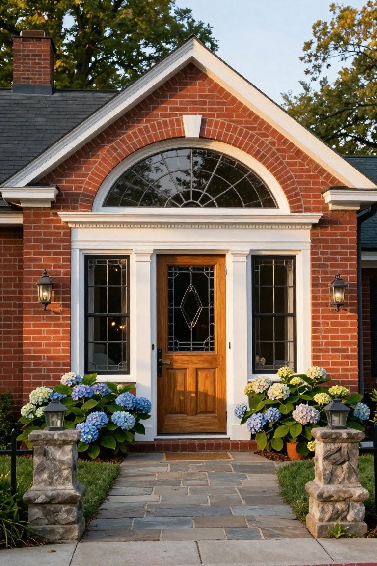 Red brick Colonial Revival house facade with gabled roof, large arched window above white-trimmed wooden front door flanked by sidelight windows, lanterns on brick walls, potted blue hydrangeas on stone pedestals beside slate stone path.