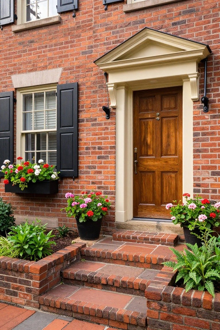 Red brick colonial house exterior with pedimented wooden front door, black shutters on multipane windows, window box and potted geraniums, brick entry steps, and additional plantings.