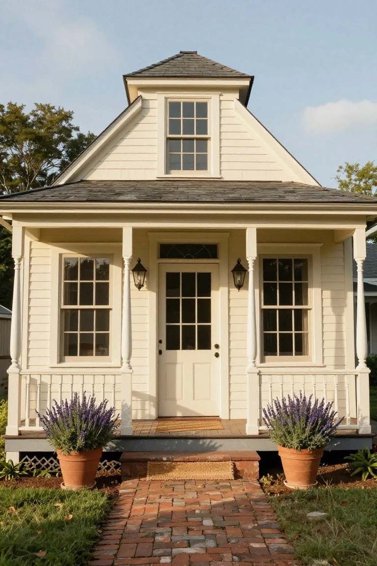 A small cream-colored clapboard house with a gabled roof and covered front porch supported by white turned columns, featuring a central glass-paneled door flanked by lanterns, side windows, and large terracotta pots of purple lavender on brick steps.