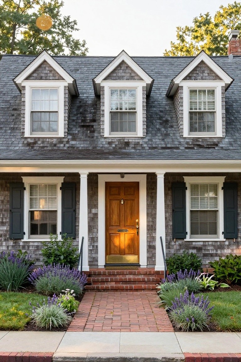 Front view of a two-story shingle-style colonial house with gray cedar shingle siding, white trim, three dormer windows, columned porch, oak front door, brick walkway, and lavender plantings along the path.