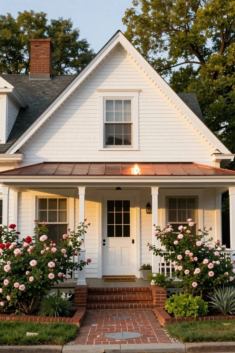 White Colonial house with gabled roof, copper-roofed porch supported by columns, pink rose bushes flanking brick entry steps, and green lawn.