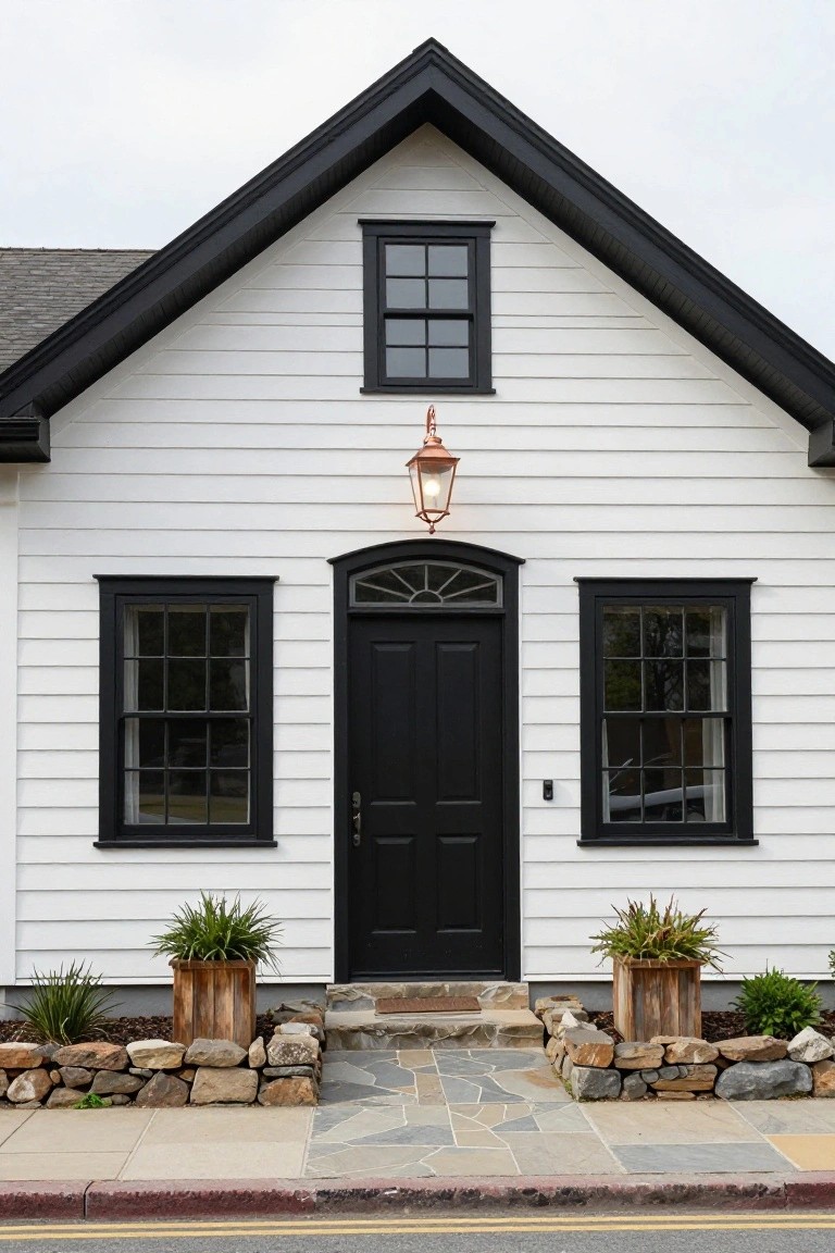 White clapboard house with black trim on gabled roof, black-framed windows, arched black front door, copper lantern light, potted grasses flanking entry steps, stone retaining walls, and flagstone path to street.