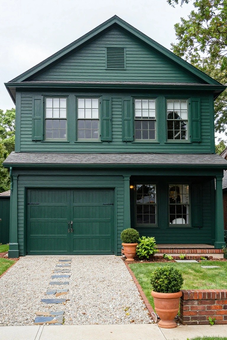 Two-story dark green Colonial house with clapboard siding, gabled roof, multi-pane windows with green shutters, attached green garage doors, front porch, gravel driveway with stone path, potted plants, and brick edging.