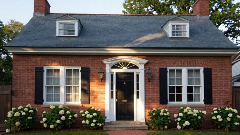 Red brick two-story colonial house with slate roof, white pedimented portico supported by columns framing a black front door with brass knocker, lanterns on each side, hydrangea bushes flanking the entry steps, and brick path leading to the door.