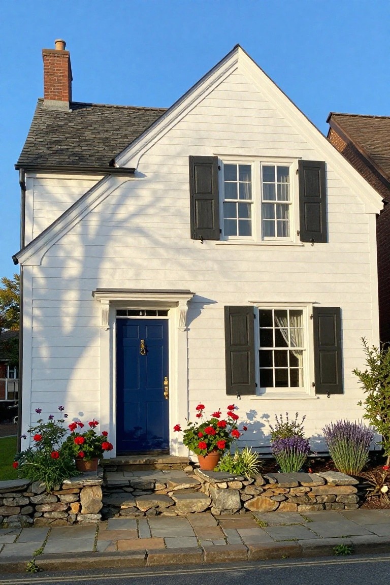 White two-story clapboard colonial house with gabled roof, navy blue front door with brass knocker, black shutters on multi-pane windows, potted red geraniums and lavender plants along stone wall steps, on a bluestone walkway under clear sky.