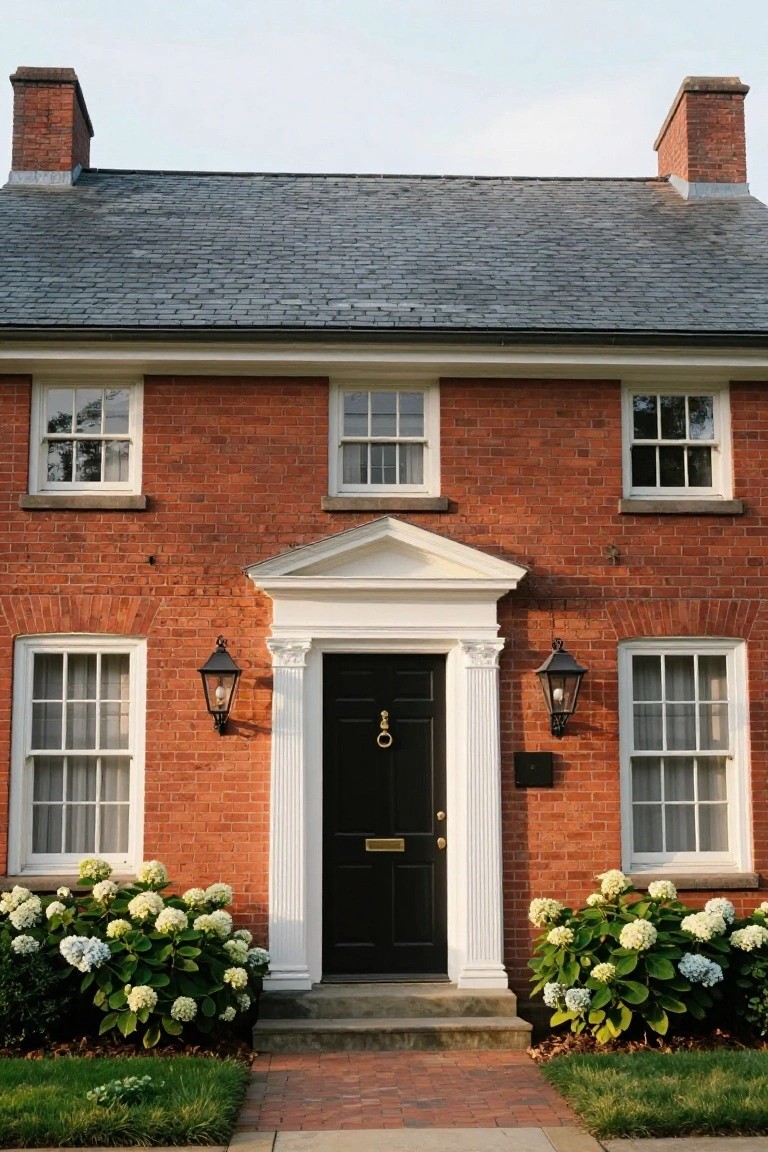 Red brick two-story colonial house with slate roof, white pedimented portico supported by columns framing a black front door with brass knocker, lanterns on each side, hydrangea bushes flanking the entry steps, and brick path leading to the door.