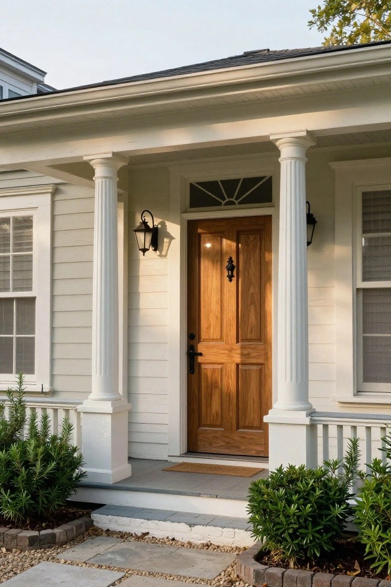 Light beige house exterior with wooden front door flanked by two white fluted columns on a porch, black lanterns, transom window above door, and boxwood shrubs in brick-edged beds.