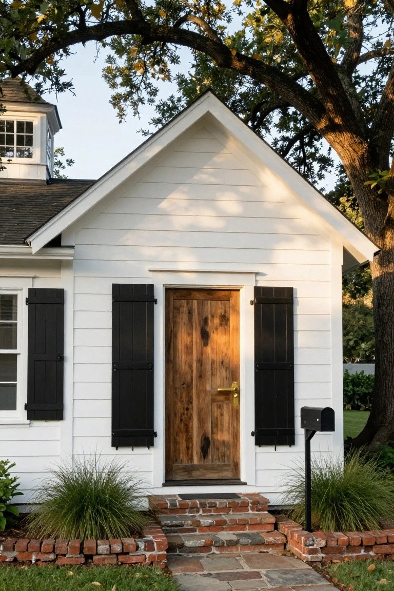 White clapboard house exterior with gabled roof section, black shutters on windows, weathered wooden front door with brass knob, brick steps leading to entry, ornamental grasses, black mailbox, and large oak tree overhead.