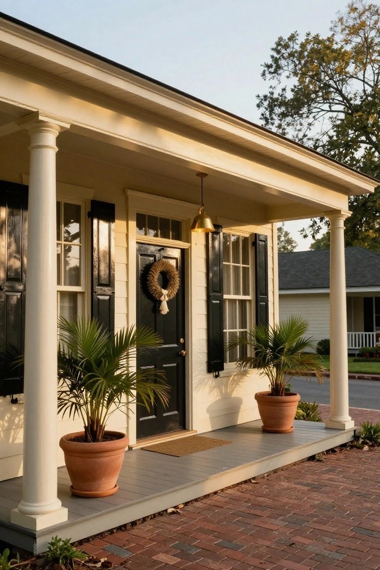 Cream-colored colonial house exterior featuring a covered porch with white columns, black shutters on multipane windows, black front door with seagrass wreath, potted palms flanking the entry, and a brick walkway.