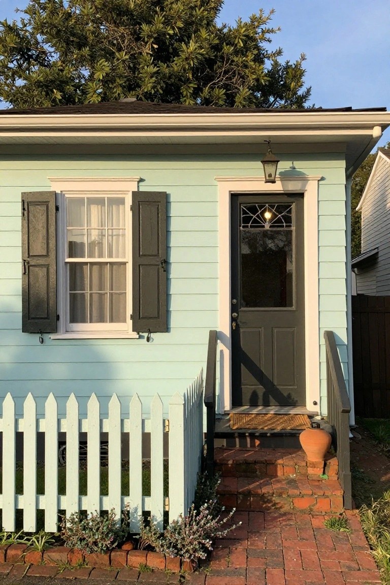 Light turquoise clapboard house exterior featuring black shutters on a multi-pane window next to a dark wood front door with glass panel, white picket fence, brick steps, terracotta pot, and low plants in front.