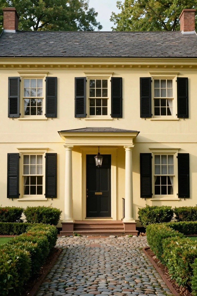 A two-story pale yellow colonial house with black shutters on multi-pane windows, a black front door under a portico with white columns, flanked by boxwood hedges and a cobblestone path.