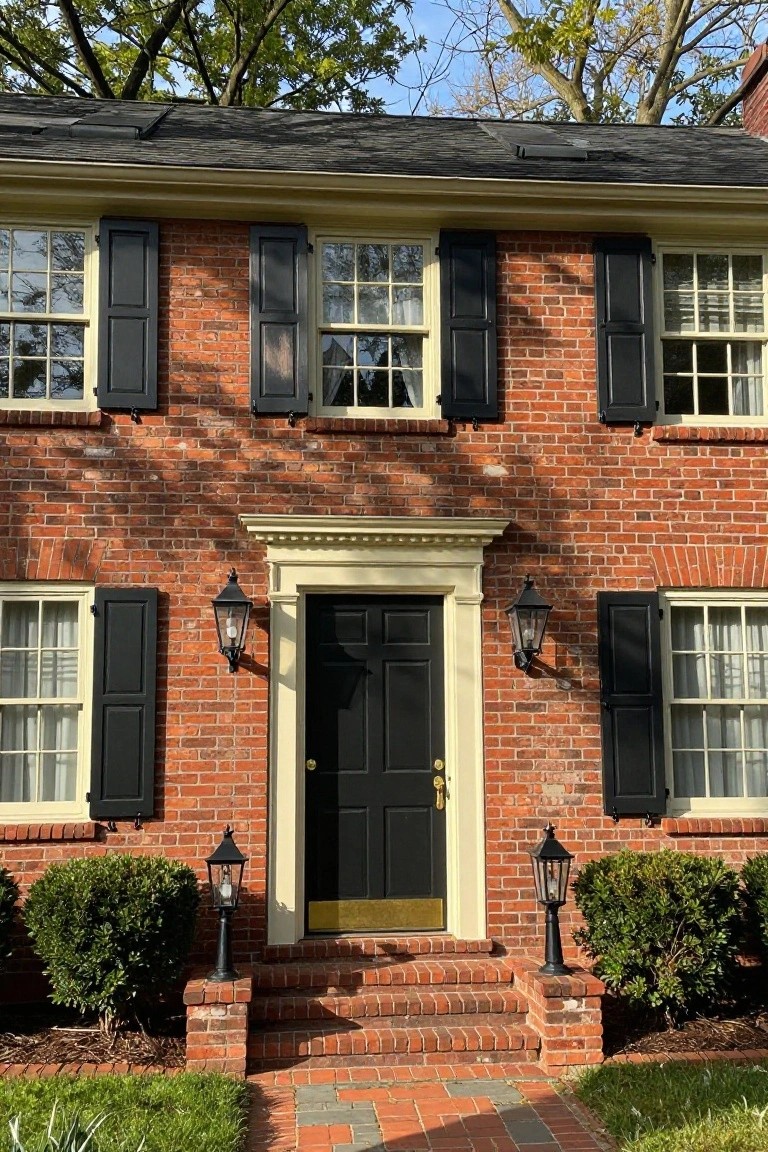 Red brick two-story colonial house exterior with black louvered shutters on multi-pane windows, black front door with cream trim and pediment, flanked by black lanterns on brick pillars, boxwoods at base, brick steps, and brick walkway.