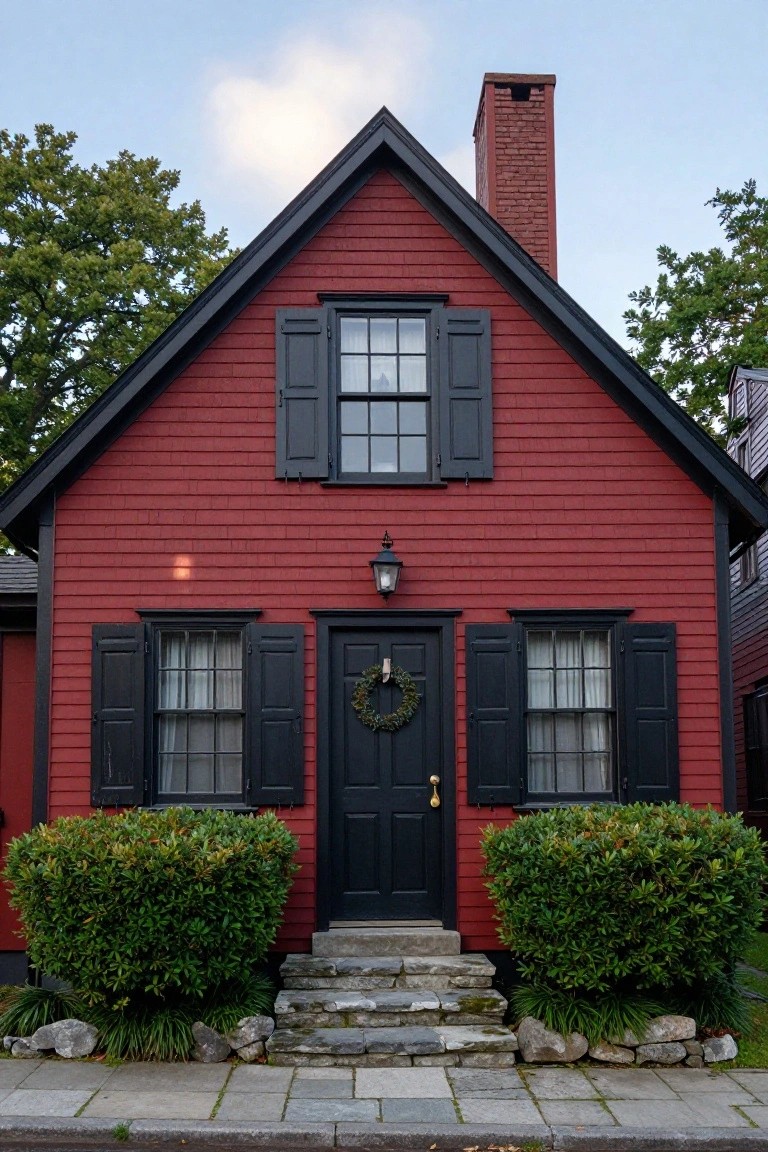 Red shingled colonial house with black shutters on multi-pane windows, black front door with wreath and brass knocker, lantern light above door, flanked by green boxwood shrubs and stone steps leading to sidewalk.