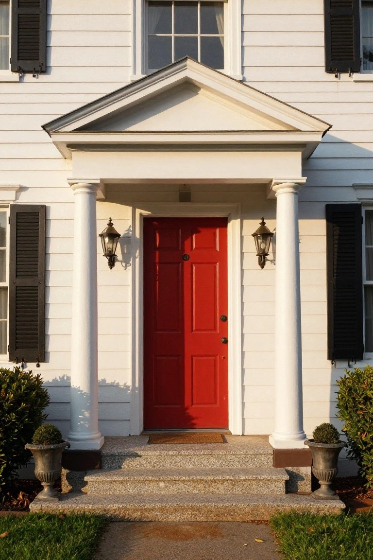 White clapboard colonial house with black shutters flanking the windows, red front door, white columns supporting the porch, lanterns on each side, urns with plants, and granite steps.