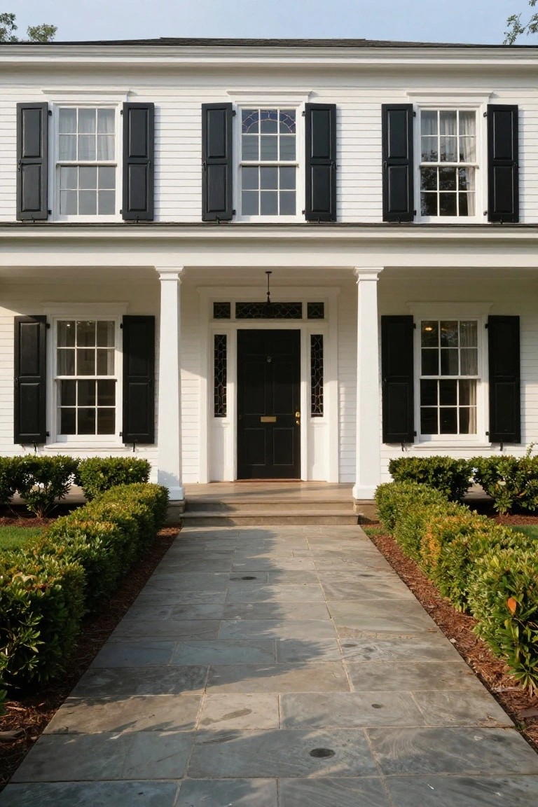 Two-story white clapboard colonial house with black shutters on multi-pane windows, white porch columns, black front door with sidelights, boxwood hedges, and gray stone walkway.