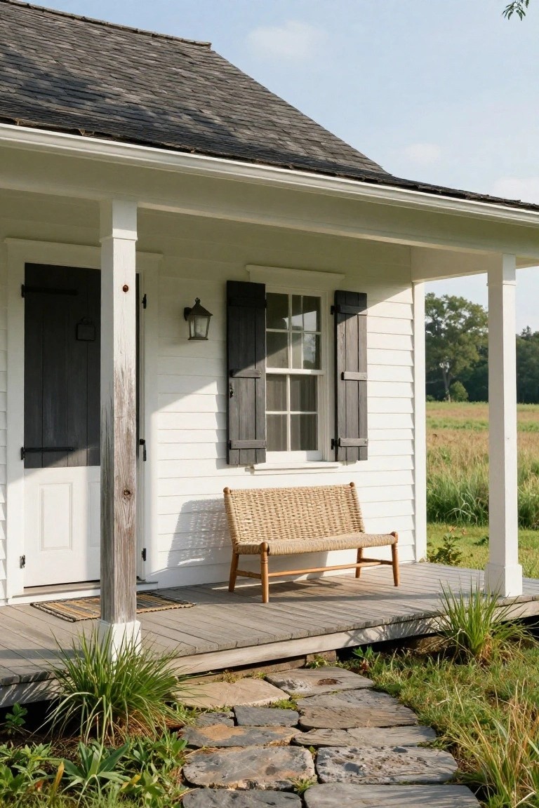White clapboard house with black board-and-batten shutters on windows and doors, a covered porch with wooden posts and a woven bench, stone pathway, and surrounding grass and plants.