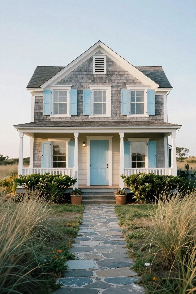 A two-story shingle-style colonial house with light blue shutters on white-framed windows, a blue front door, beige porch siding, white columns, potted plants on the steps, and a stone path through tall ornamental grasses.