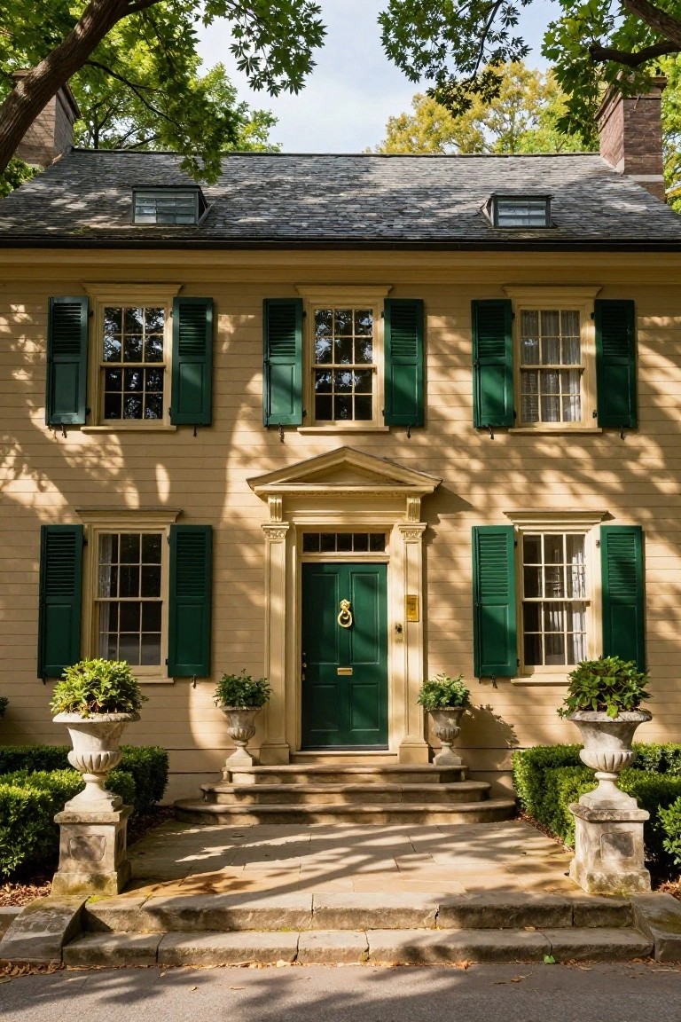 A two-story colonial house with pale yellow clapboard siding, dark green shutters on multipane windows, a matching green front door with brass knocker, flanked by stone urns with plants, and steps leading to a stone path under trees.