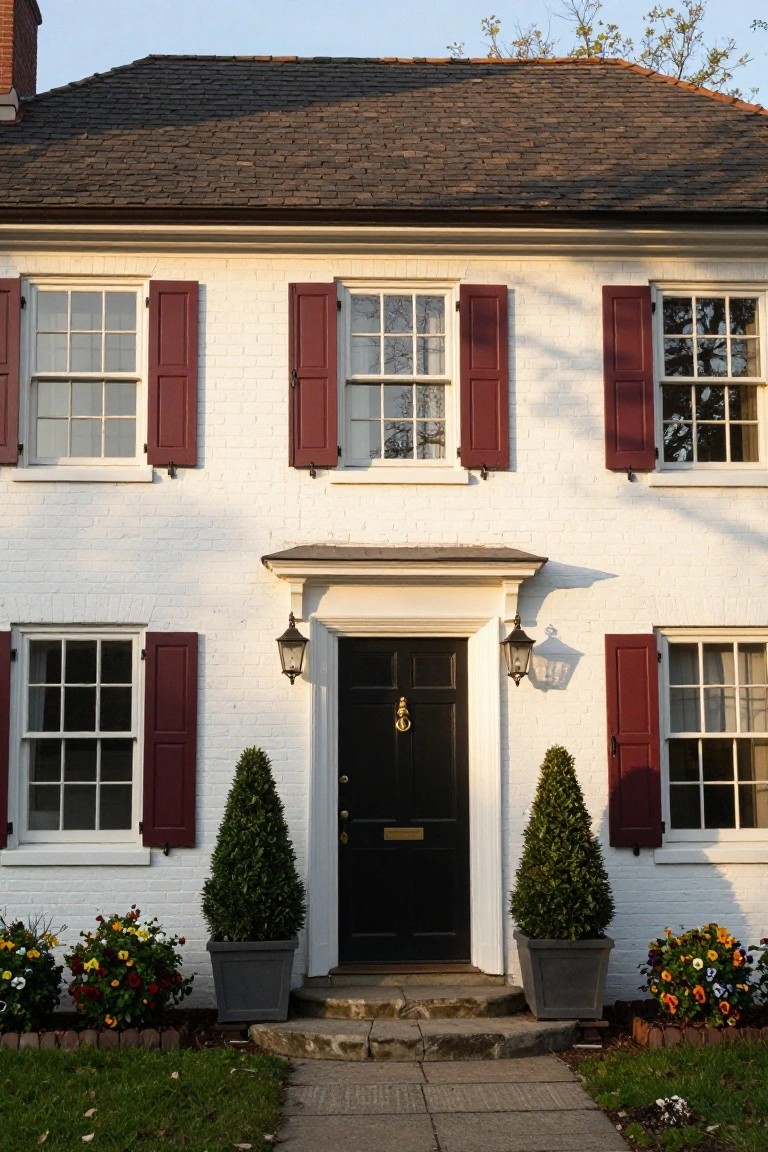 White colonial house with red shutters on all windows, black front door with brass knocker, lanterns on either side of entry, boxwood topiaries, and flower planters in front.