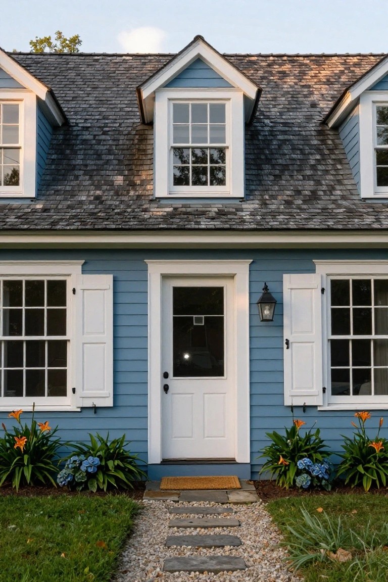 Front facade of a blue colonial-style house with white paneled shutters on multi-pane windows flanking a white front door, dormer windows above, shingle roof, lantern light, and low plantings of lilies and hydrangeas along a stone path.