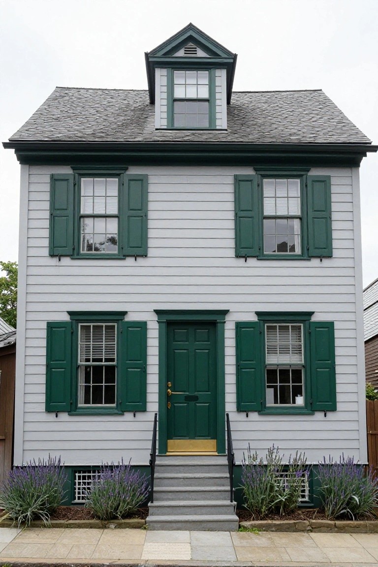 Two-story light gray clapboard colonial house with dark green shutters on all windows, dark green front door, gray stone steps, and lavender plants flanking the foundation.