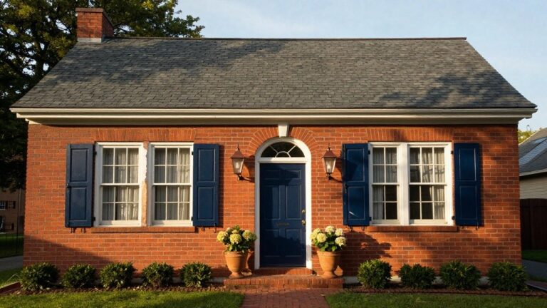 Two-story red brick colonial house with navy blue louvered shutters on multi-pane windows, white trim, arched entry with wooden door flanked by lanterns, potted white hydrangeas, brick walkway, and boxwood shrubs.