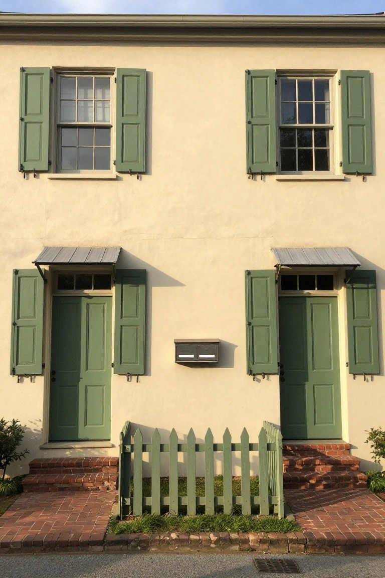 Beige stucco two-story colonial house with green paneled shutters on upper and lower windows, green double doors with transom, small green picket fence, brick steps, and metal mailbox.