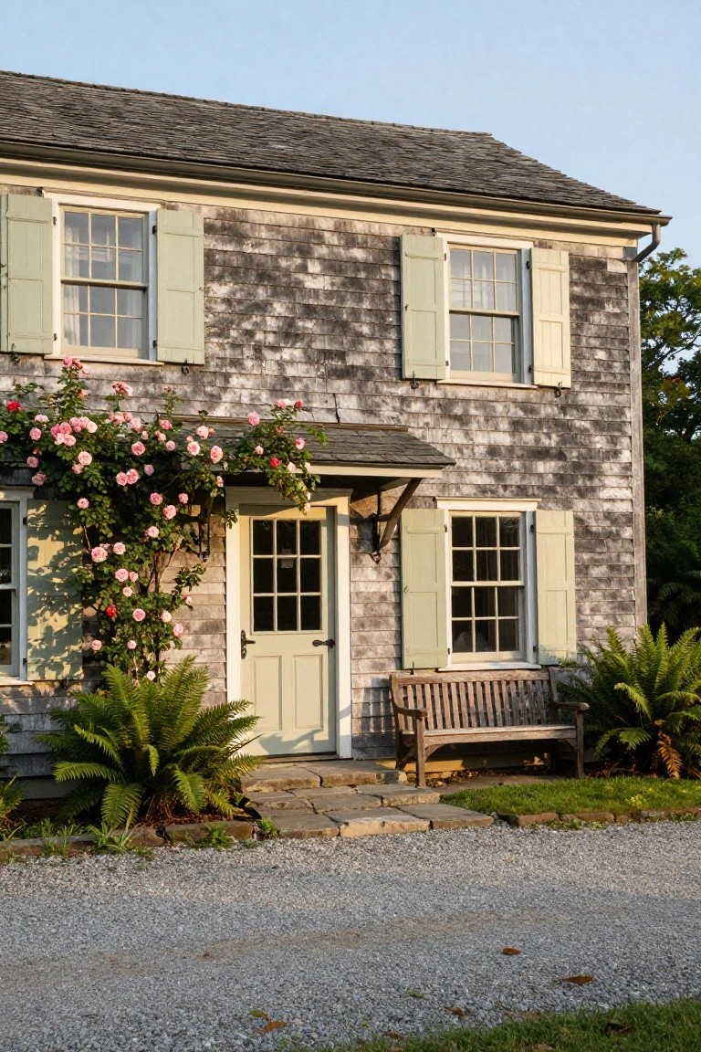 Gray shingled colonial house with green shutters and door, climbing pink roses on the left, ferns and a wooden bench by the entrance, stone steps, and gravel driveway.