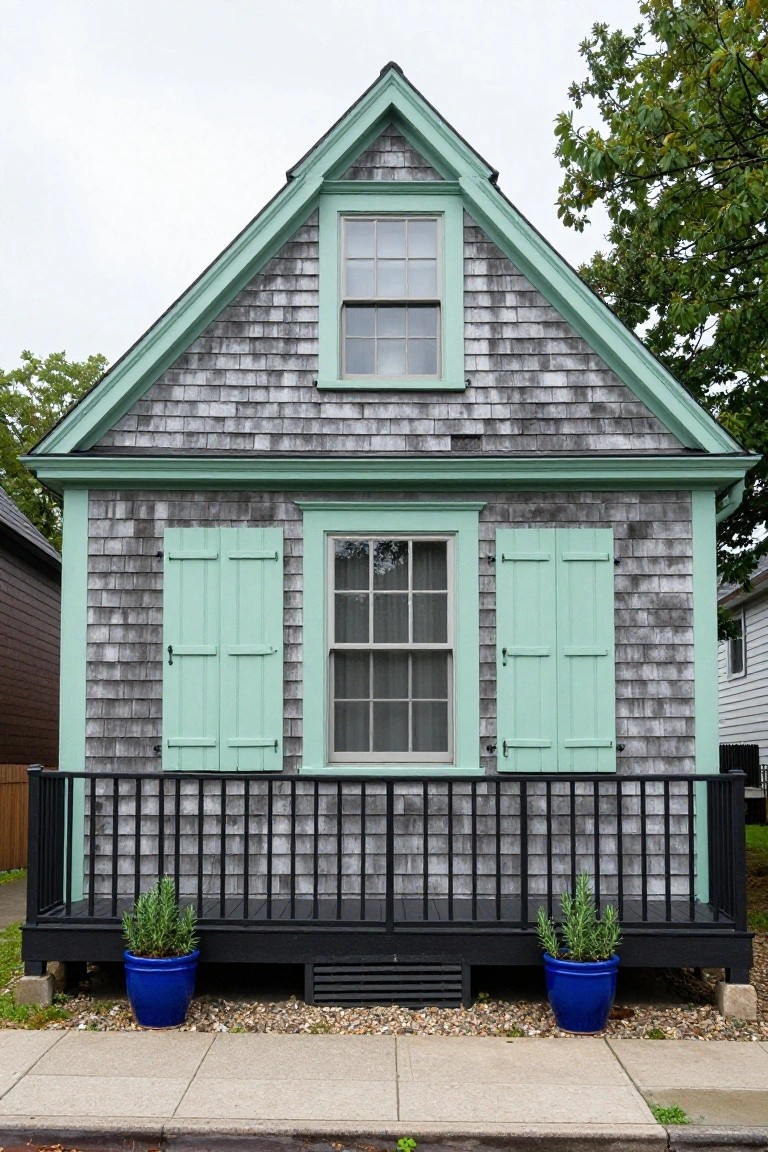 Small two-story house with gray shingled siding, mint-green shutters and trim, black porch railing, and two blue pots with rosemary plants on a concrete sidewalk.