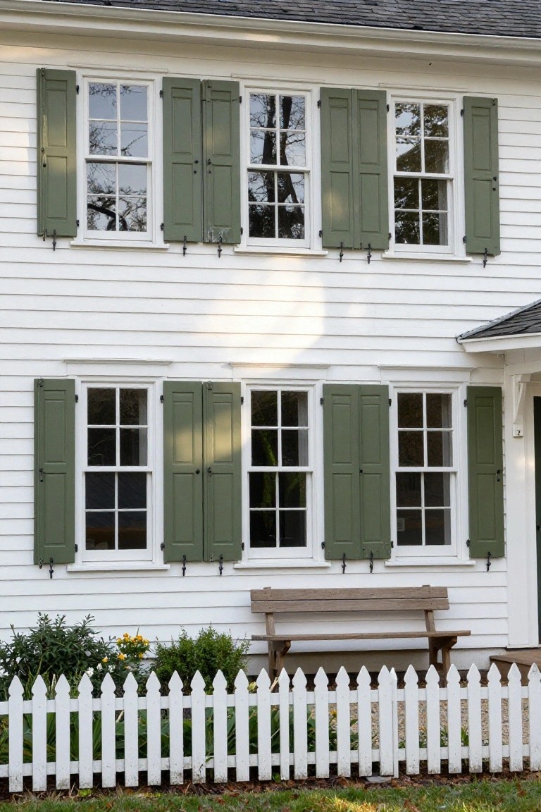 Two-story white clapboard colonial house with green louvered shutters flanking multi-pane windows, wooden bench on porch, white picket fence, shrubs, and gravel ground cover.