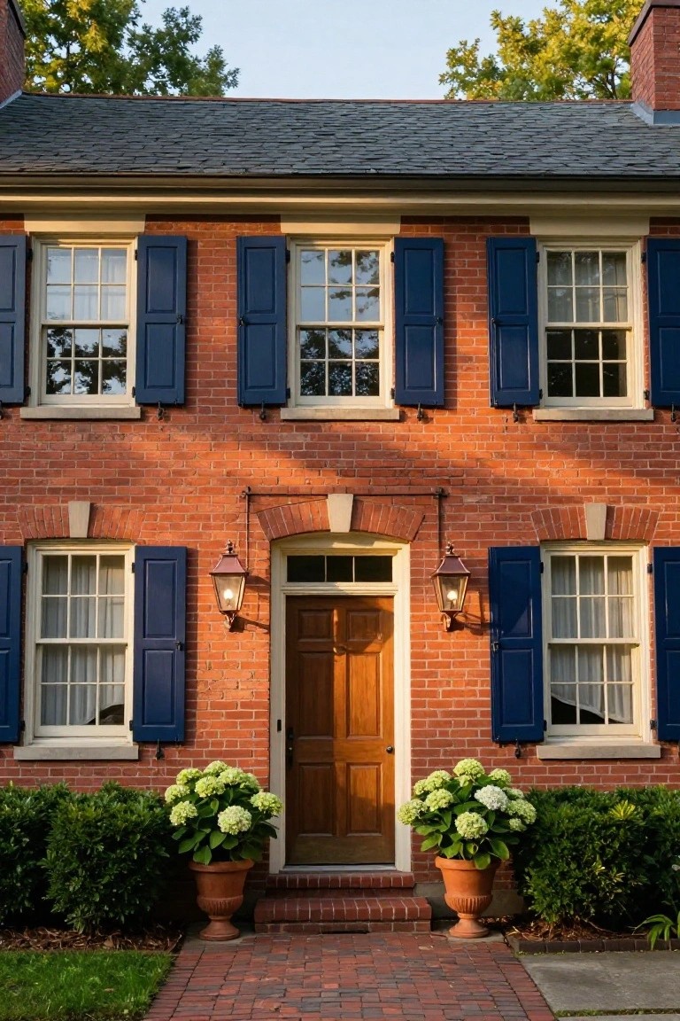 Two-story red brick colonial house with navy blue louvered shutters on multi-pane windows, white trim, arched entry with wooden door flanked by lanterns, potted white hydrangeas, brick walkway, and boxwood shrubs.