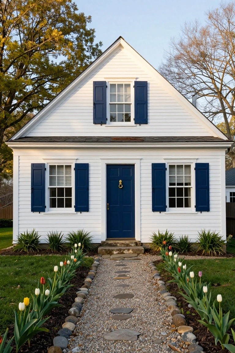 White clapboard colonial house with navy blue shutters on the windows, navy blue front door with brass knocker, stone path lined with tulip flower beds leading to the entrance, surrounded by lawn and trees.
