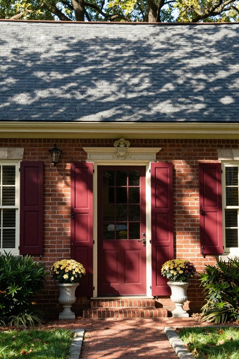 Colonial brick house exterior with open maroon shutters flanking a red front door, yellow mum plants in white urns on either side, brick pathway, and trees in background.