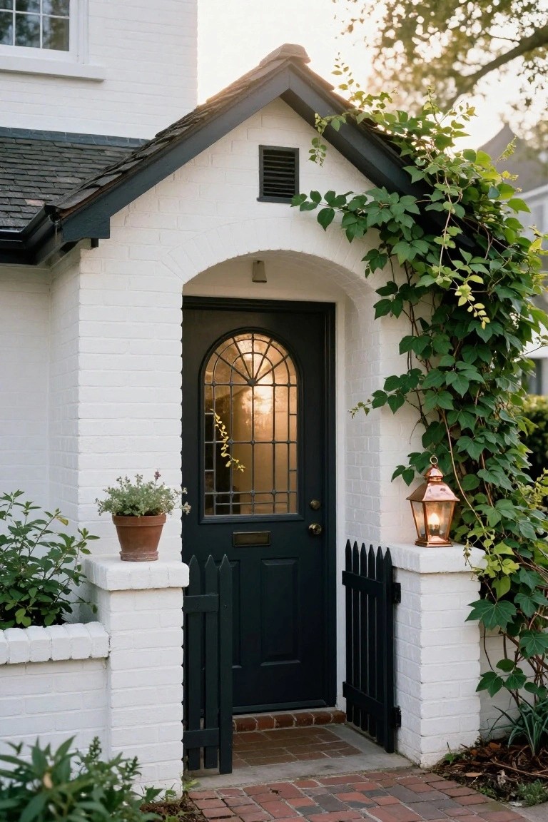 White brick house exterior with gabled porch, arched dark door with glass panel, climbing ivy on one side, copper lantern, potted plant, black gate, and brick path.