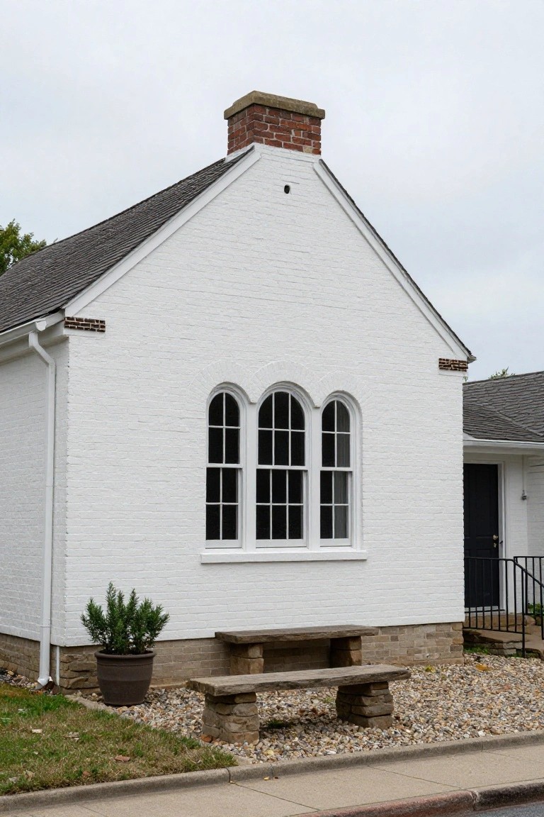 Small white brick house with gabled dark shingled roof, brick chimney, tall arched triple window with divided panes, downspout, potted shrub, stone bench on gravel bed, and adjacent house with dark door.