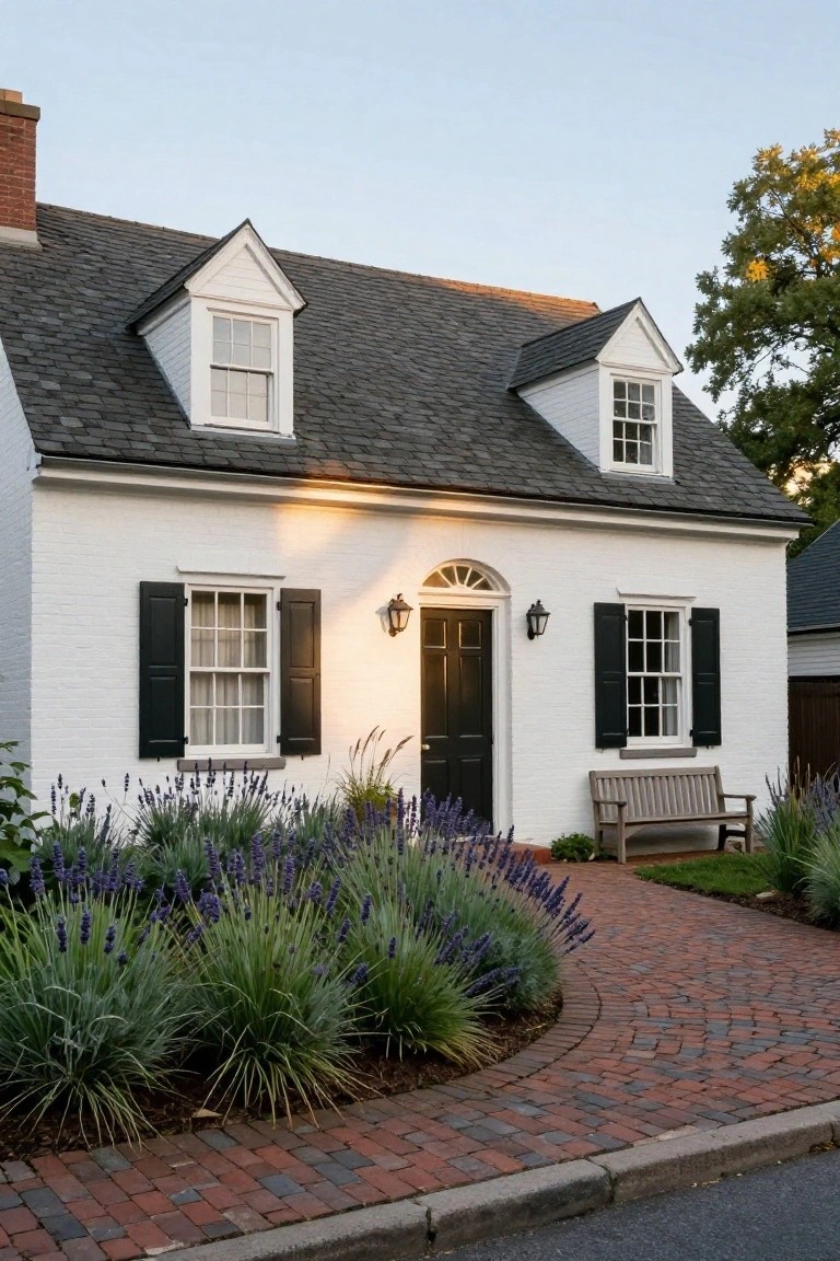 White brick colonial house with gabled roof, black shutters on side windows and dormers, arched black front door flanked by lanterns, wooden bench nearby, purple lavender plants, and curved red brick pathway.
